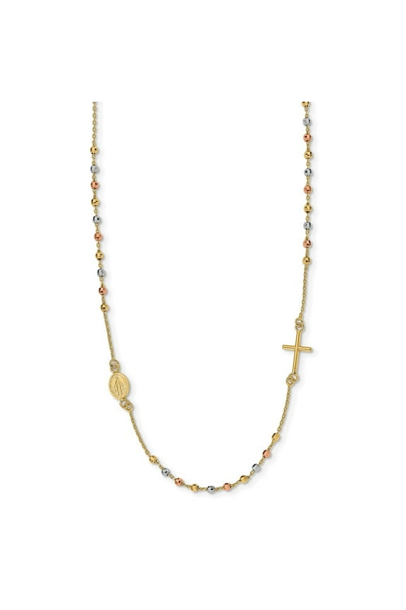 Fine Jewelry 14K Tri-Color Gold Sideways Cross Beaded Rosary Necklace 18inch for Women