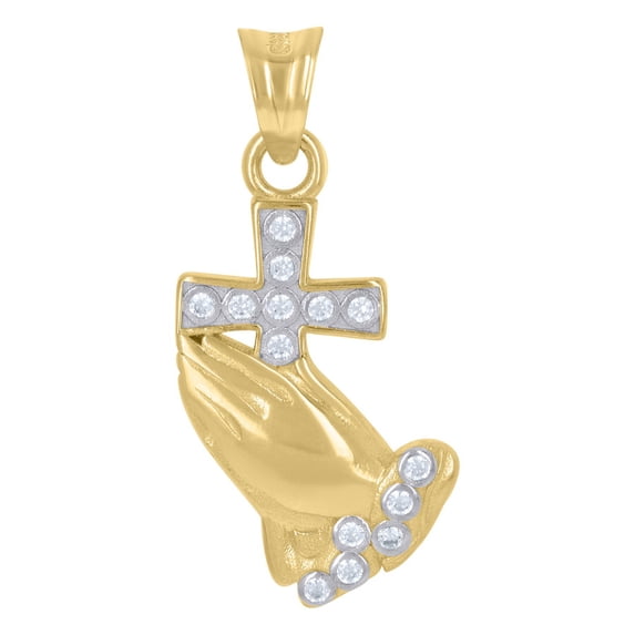 Auriga 14k Two-Tone Gold CZ Cross Praying Hands Religious Charm Pendant (L- 28.8mm, W- 14.1mm)