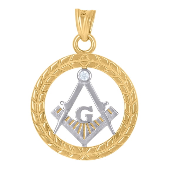 Auriga 14k Two-Tone Gold Men's CZ Masonic Symbol Religious Charm Pendant (L- 27.3mm, W- 19.5mm)