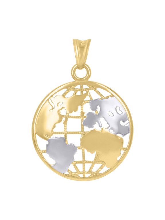14k Two-Tone Gold Men's World Map Globe Charm Pendant (L- 30.5mm, W- 21.5mm)
