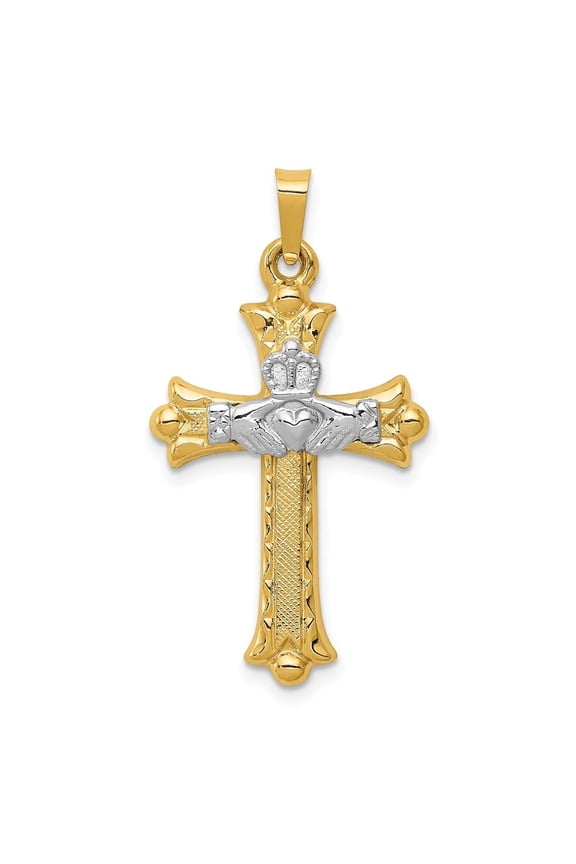 Fine Jewelry 14K Two-tone Gold Claddagh Cross Pendant for Women (L - 34mm, W - 18mm)