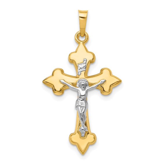 Auriga 14k Two-tone Gold Polished Fleur de Lis INRI Crucifix Cross Pendant for Women (L-32mm, W-18mm)