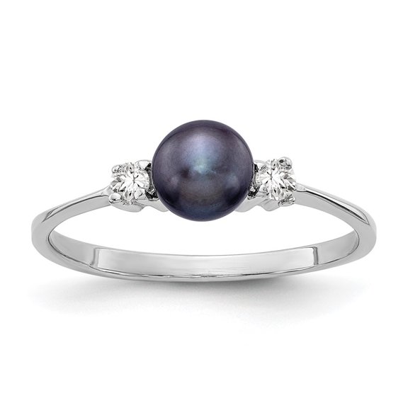 Auriga 14k White Gold 5mm Black FW Cultured Pearl AA Diamond Ring for Women Size- 6