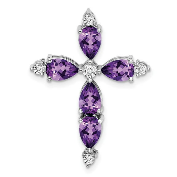 Auriga 14k White Gold Amethyst and Diamond Cross Chain Slide Pendant for Women (L-28mm, W-21.4mm)