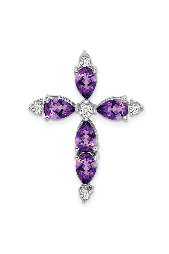 14k White Gold Amethyst and Diamond Cross Chain Slide Pendant for Women (L-28mm, W-21.4mm)