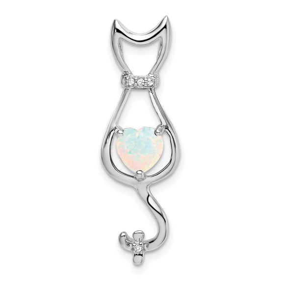 Auriga 14k White Gold Created Opal and Diamond Cat Pendant for Women (L-32.6mm, W-10.3mm)