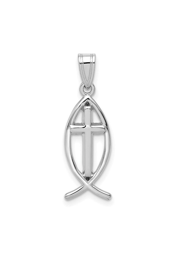 Fine Jewelry 14K White Gold Cross Ichthus Fish Pendant for Women (L - 26mm, W - 9mm)