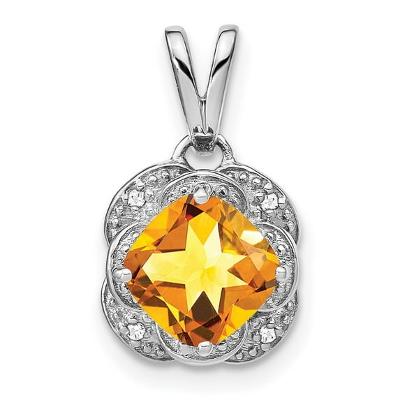 Auriga 14k White Gold Cushion Citrine and Diamond Pendant for Women (L-19.1mm, W-10.3mm)