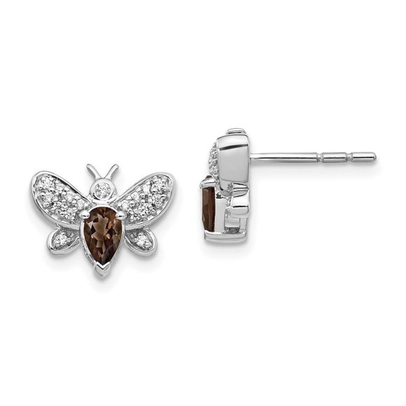 Auriga Mother's Day Gift 14k White Gold Diamond Smokey Quartz Bee Stud Earrings for Women