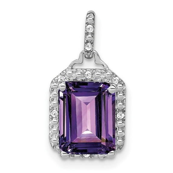Auriga 14k White Gold Emerald-cut Amethyst and Diamond Halo Pendant for Women (L-20mm, W-9.6mm)