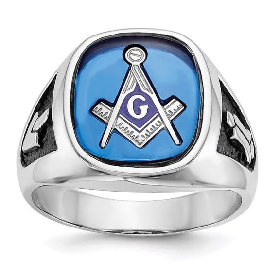 Auriga Fine Jewelry 14K White Gold Men's Polished and Textured with Black Enamel and Imitation Blue Spinel Masonic Ring Size 10