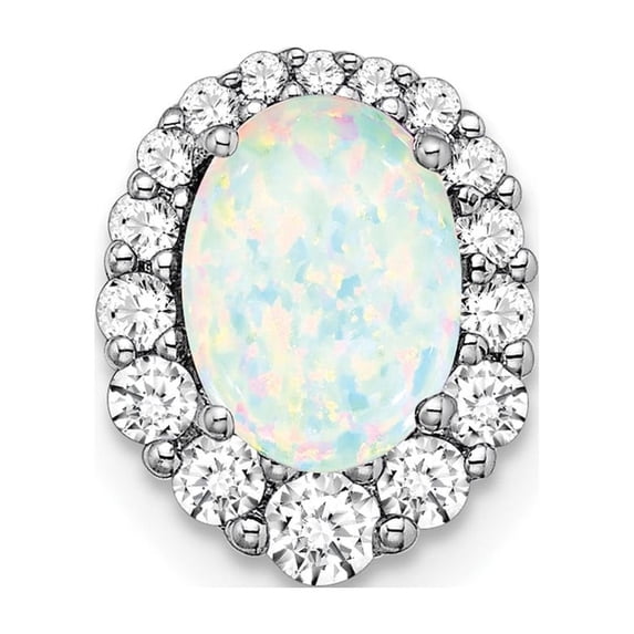Auriga 14k White Gold Oval Created Opal and Diamond Halo Chain Slide Pendant for Women (L-11.4mm, W-9.3mm)