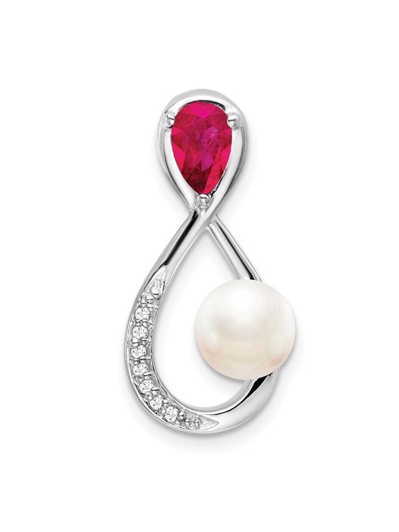 Fine Jewelry 14K White Gold Ruby/FWC Pearl/Diamond Infinity Chain Slide Pendant for Women (L-22.1mm, W-11.2mm)