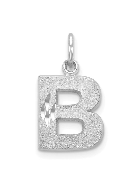 14k White Gold Satin Diamond-Cut B Initial Charm for Women(L- 13.71 mm, W- 10.38 mm)