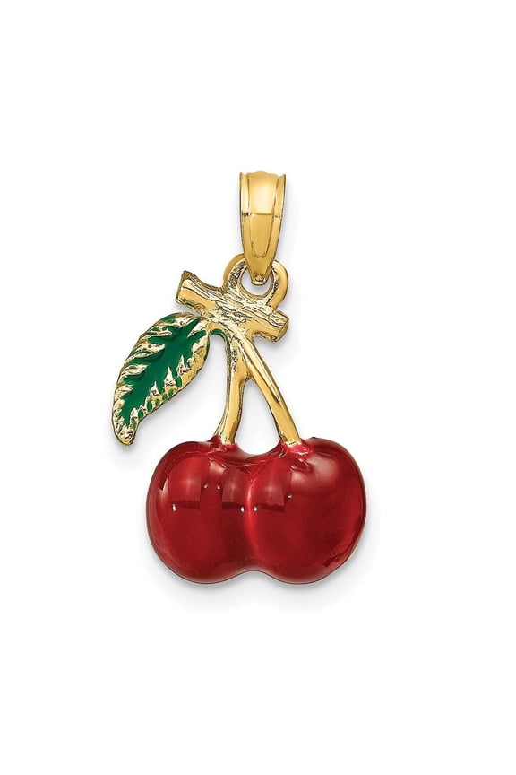 Fine Jewelry 14K Yellow Gold 3-D Enamel Cherries W/ Leaf Charm for Women