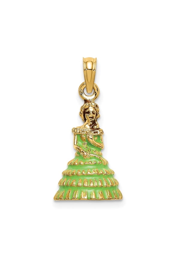 14k Yellow Gold 3-D Green Enamel Dress Southern Belle Charm for Women