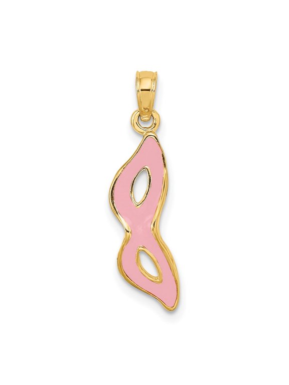 14k Yellow Gold 3-D and Beveled W/Pink Enamel Masquerade Mask Pendant for Women
