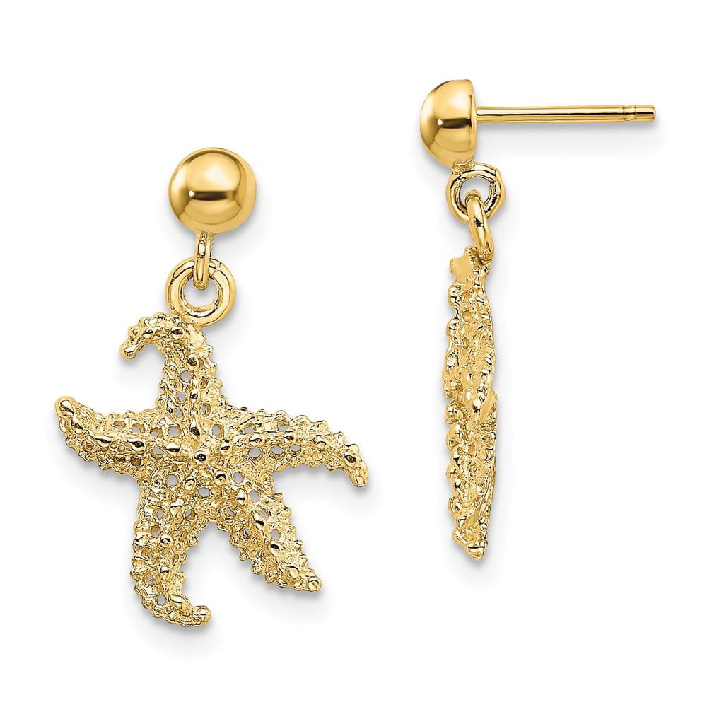 14k Gold 3D Starfish Post Dangle Earrings