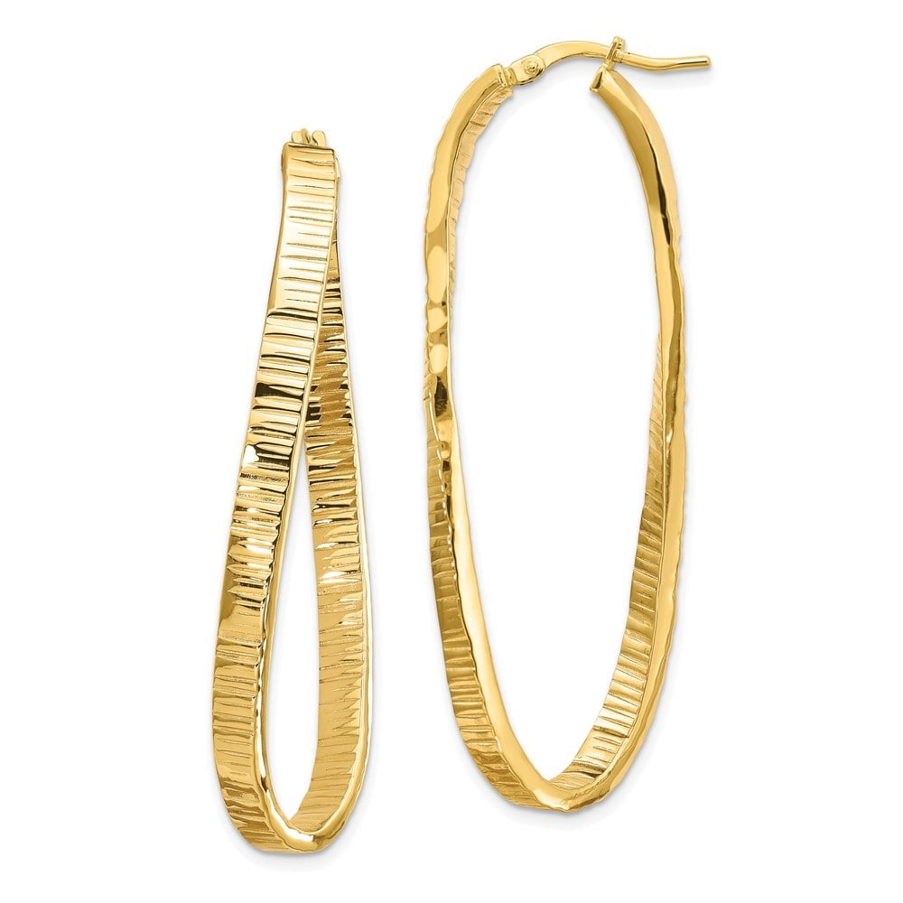 Solid 14k Yellow Gold Twisted Textured Oval Tube Hoop Earrings