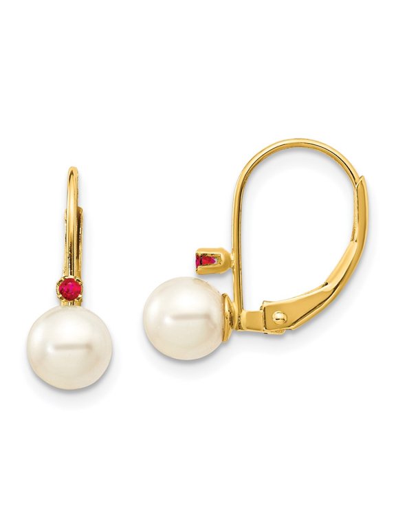 14k Yellow Gold 5-5.5mm Pearl and Ruby Dangle Earrings for Women(L- 15mm, W- 5mm)