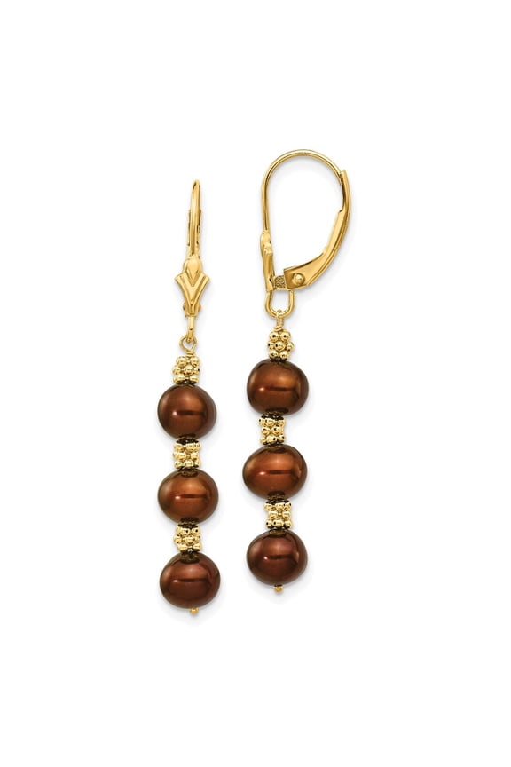 14k Yellow Gold 5-6mm Coffee Brown pearl Dangle Earrings for Women(L- 40mm, W- 5mm)