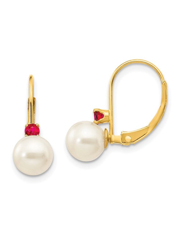 Fine Jewelry 14K Yellow Gold 6-6.5mm Pearl Ruby Dangle Earrings for Women (L- 15mm, W- 6mm)