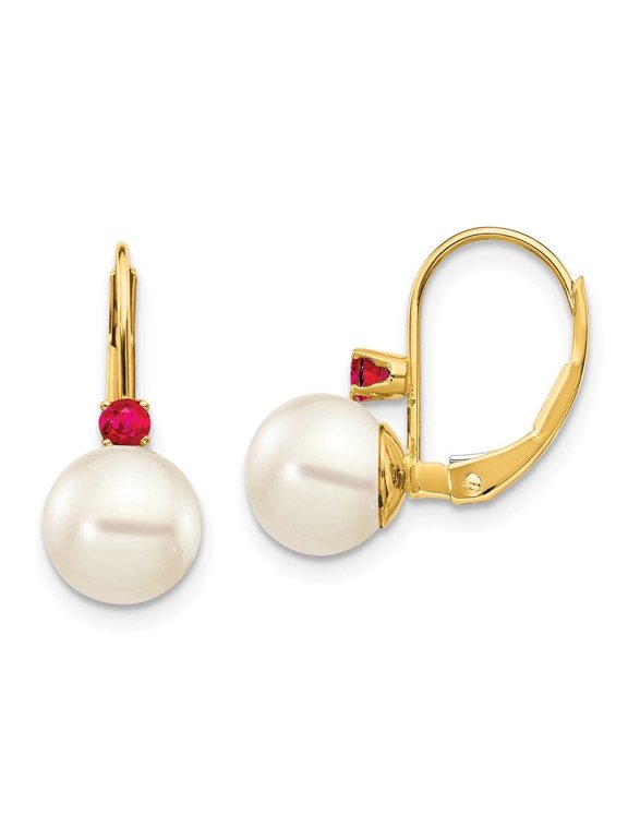 Fine Jewelry 14k Yellow Gold 7-7.5mm Pearl Ruby Dangle Earrings for Women