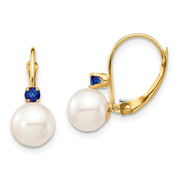 Auriga Fine Jewelry 14K Yellow Gold White Round FWC Pearl Sapphire Drop Earrings for Women (L- 0.63 inch, W- 0.3 inch)