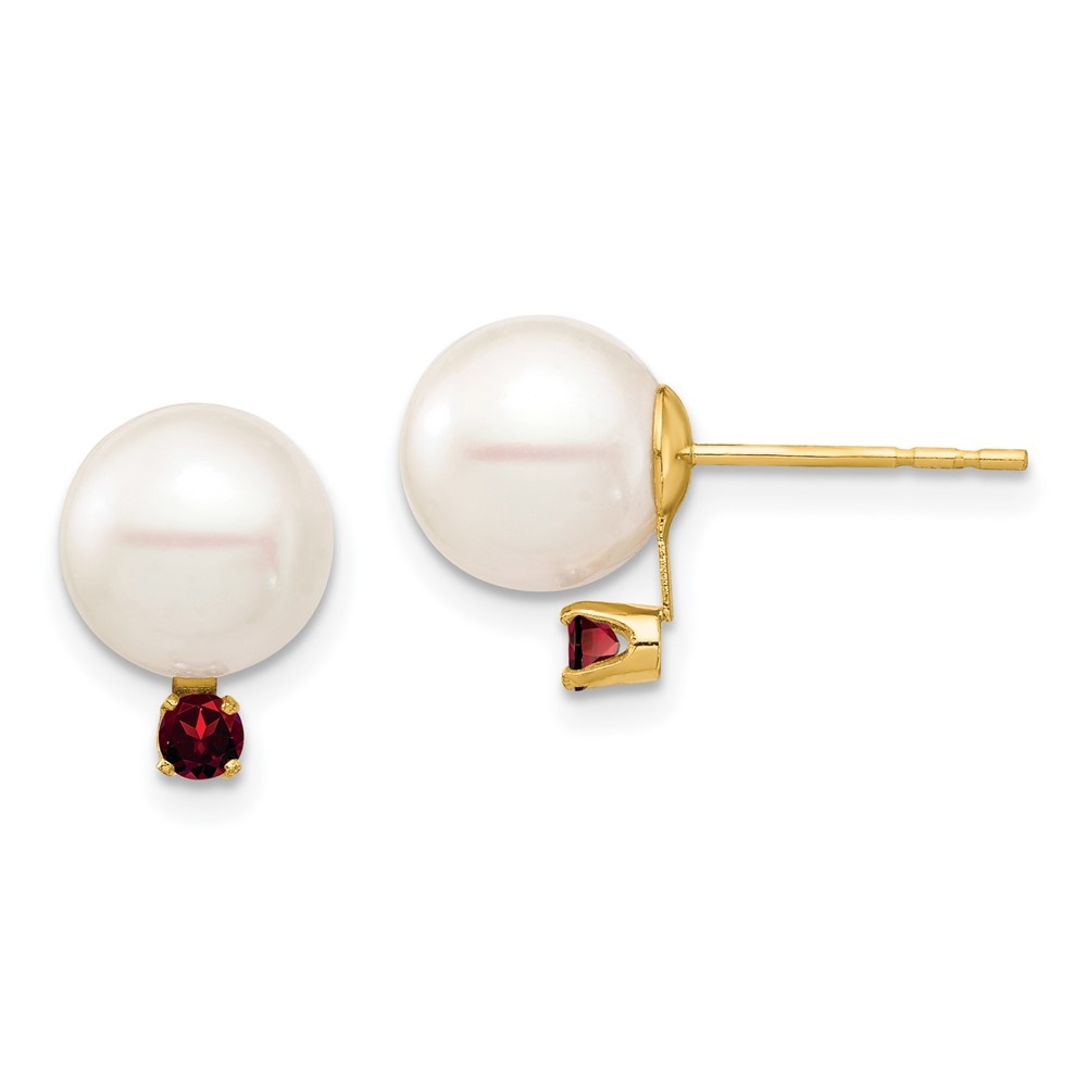 Auriga 14k Yellow Gold 8-8.5mm White Round Freshwater Cultured Pearl Garnet Stud Earrings for Women (L- 0.44 inch, W- 0.34 inch)