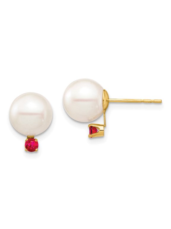 14k Yellow Gold 8-8.5mm White Round Freshwater Cultured Pearl Ruby Stud Earrings for Women (L- 0.44 inch, W- 0.34 inch)