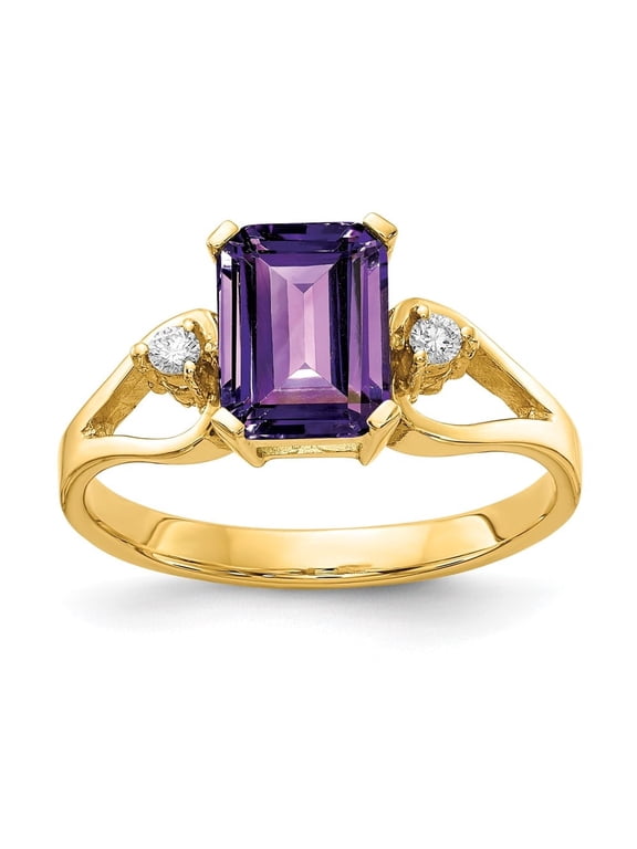 Fine Jewelry 14K Yellow Gold 8x6mm Emerald-cut Amethyst AA Diamond Ring for Women Size 6