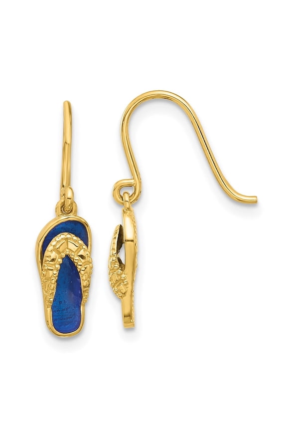 Fine Jewelry 14k Yellow Gold Blue Enameled Flip Flop Shepherd Hook Dangle Earrings for Women
