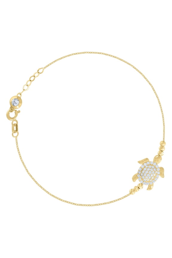 14k Yellow Gold CZ Beaded Turtle Ocean Charm Bracelet for Women Size 8 Inches