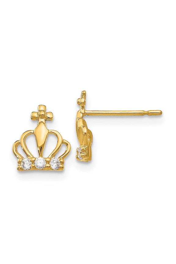 Fine Jewelry 14K Yellow Gold CZ Crown Stud Earrings for Women (L-8mm, W-7mm)