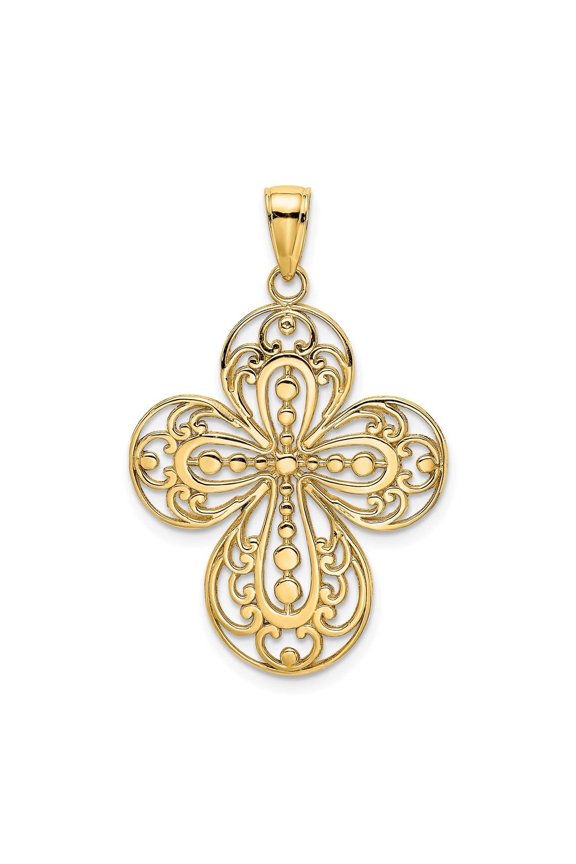 Fine Jewelry 14K Yellow Gold Cut-Out w/ Rounded Tips Filigree Cross Charm for Women (L - 26.7 mm)