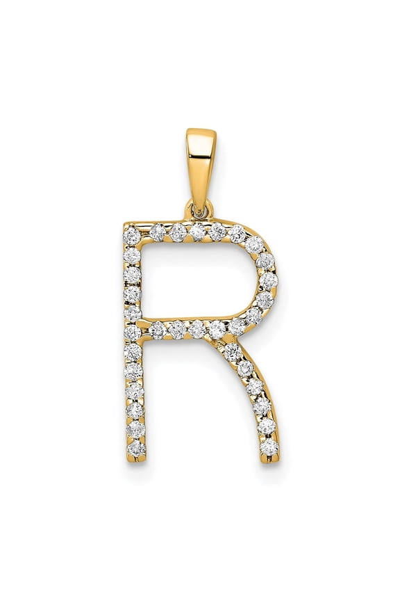 14k Yellow Gold Diamond Themed Letter R Initial Pendant for Women(L- 16.07 mm, W- 9.3 mm)
