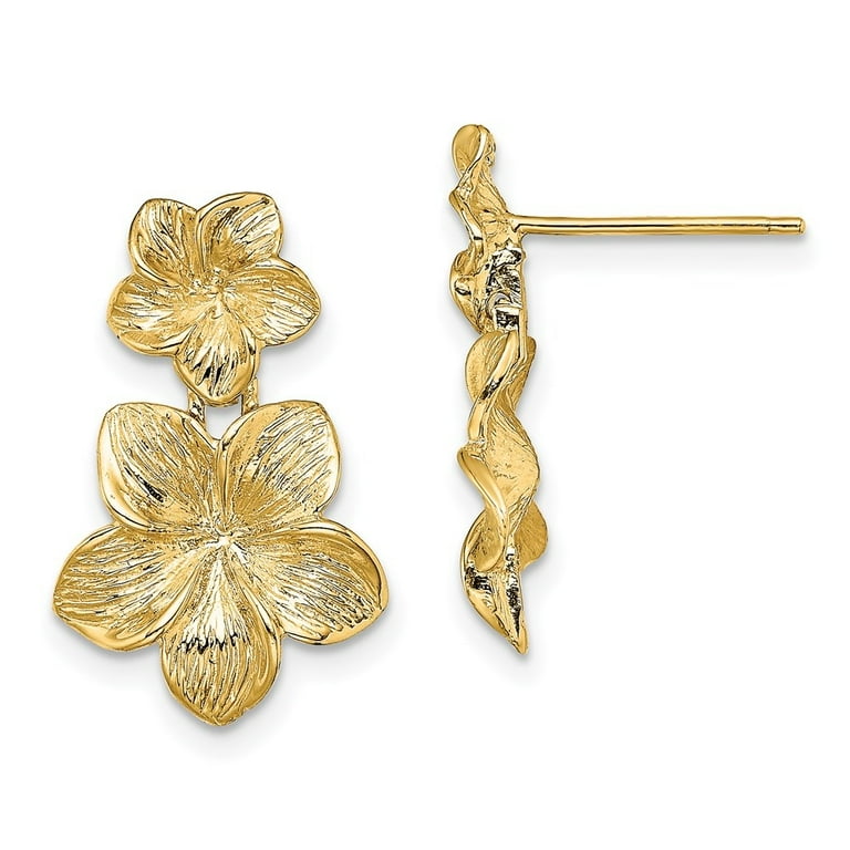 Auriga 14k Yellow Gold Double Plumeria Flower Dangle Earrings for