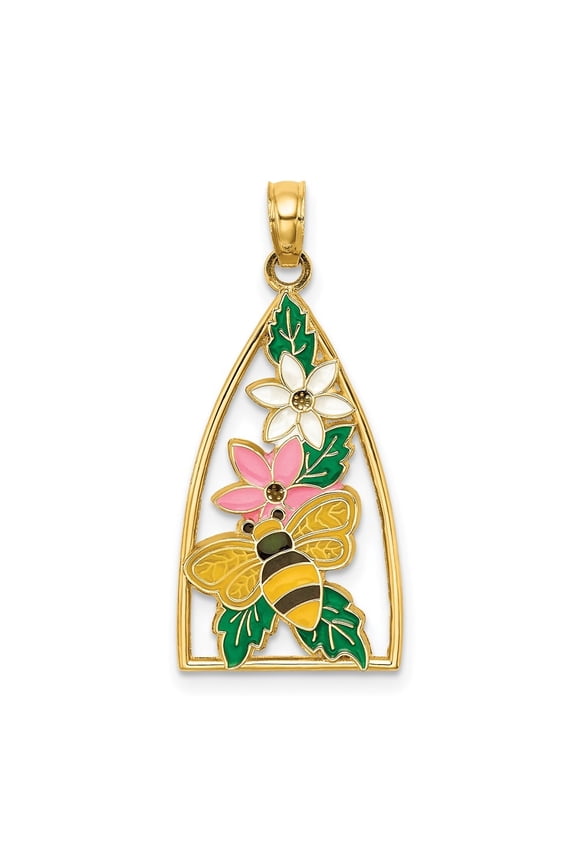 14k Yellow Gold Enameled Bumblebee and Flowers Triangle Charm for Women