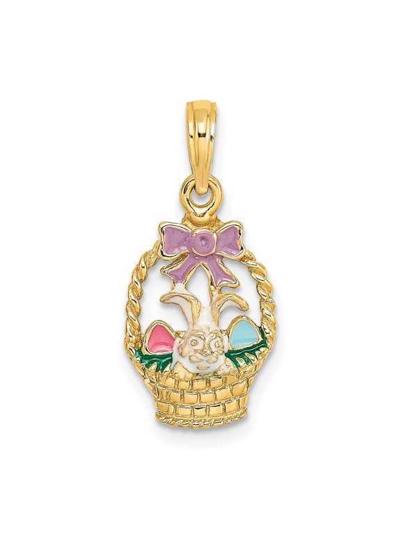 Fine Jewelry 14K Yellow Gold Enameled Easter Basket w/Bunny, Bow and Eggs Charm for Women