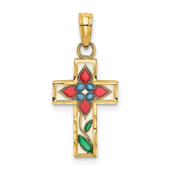 Auriga Fine Jewelry 14K Yellow Gold Enameled W/ Flower Cross Charm for Women (L - 16.4 mm, W - 11 mm)