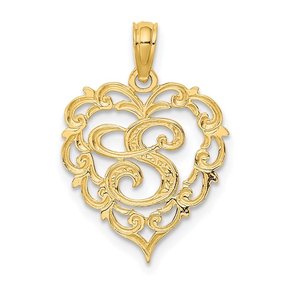 Auriga Fine Jewelry 14K Yellow Gold Heart Script Letter S Initial Pendant for Women (L- 17.3 mm, W- 12.57 mm)