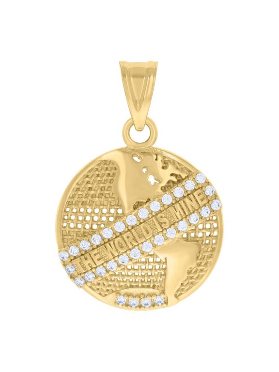 14k Yellow Gold Men Cubic-Zirconia The World Is Mine Globe Charm Pendant (L- 30mm, W- 20mm)
