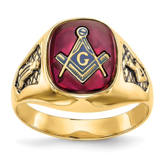 Auriga 14k Yellow Gold Men's Polished and Textured with Black Enamel and Lab Created Ruby Masonic Ring Size- 10