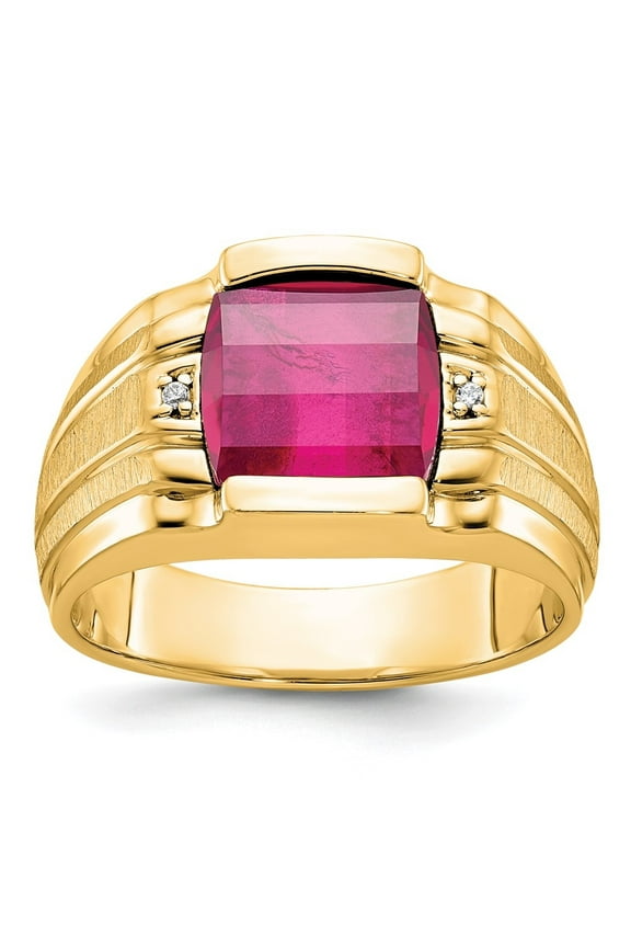 14k Yellow Gold Men's Satin Cr. Ruby and Diamond Complete Ring Size- 10