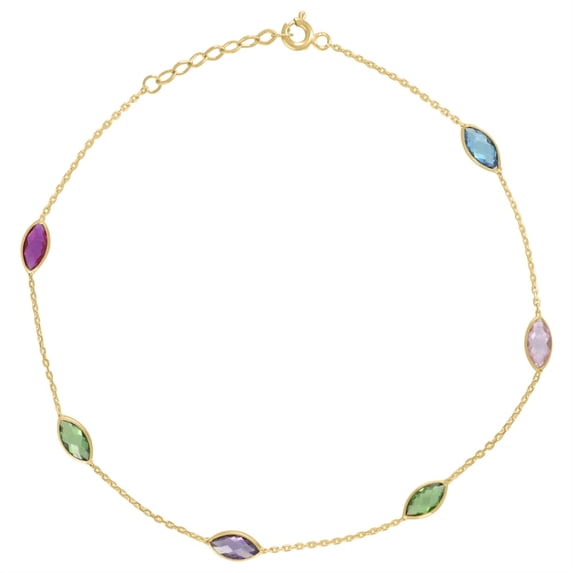 Auriga 14k Yellow Gold Multi-Color Marquise Cubic Zirconia Chain Anklet For Women Size 10 Inches