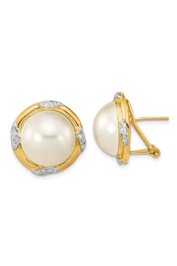 14k Yellow Gold Pearl and .16ct Natural Diamond Stud Earrings for Women(L-17.65mm, W-13.25mm)