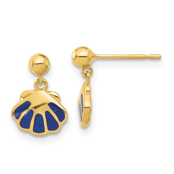 Auriga 14k Yellow Gold Polished Blue Enameled Shell Post Dangle Earrings for Women