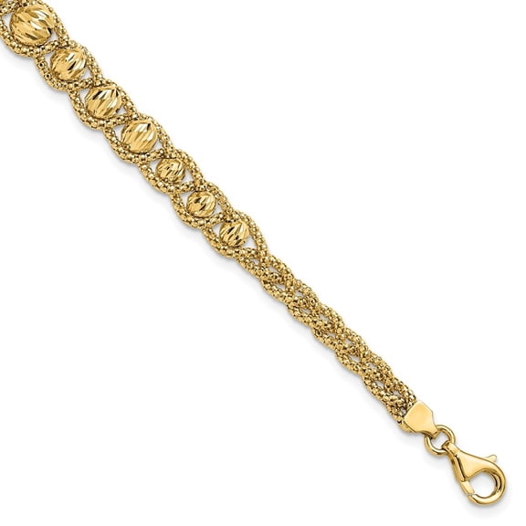Auriga 14k Yellow Gold Polished Textured and Diamond-cut Beaded Bracelet 7.5inch for Women