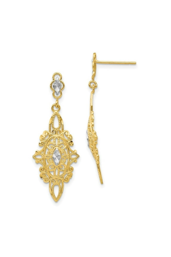 14k Yellow Gold Rhodium Filigree Dangle Earrings for Women (L-36mm, W-13mm)