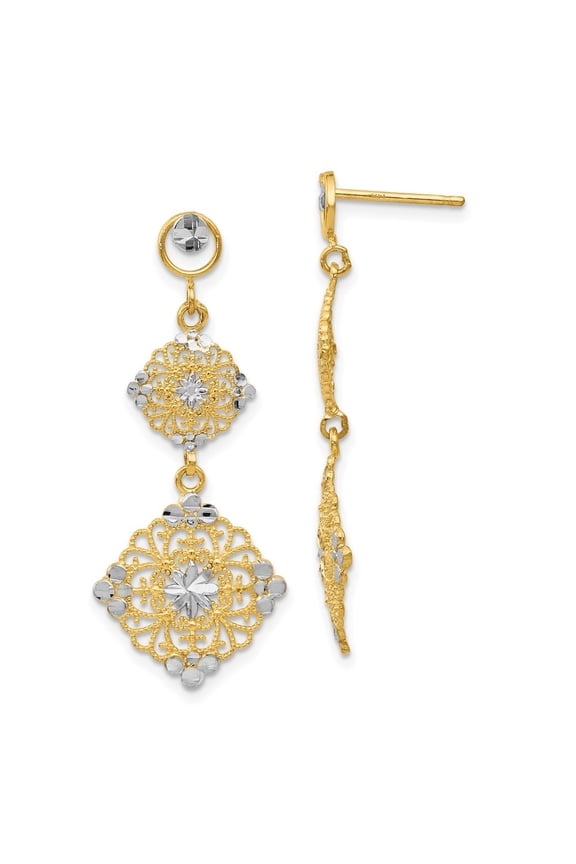14k Yellow Gold Rhodium Filigree Dangle Earrings for Women(L- 38mm, W-15mm)